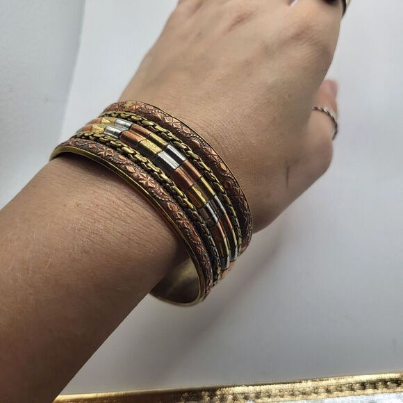 Multimetallic Copper, Brass, Silver Bohemian Chunky Bracelet 1.25in wide 8in - Picture 2 of 6